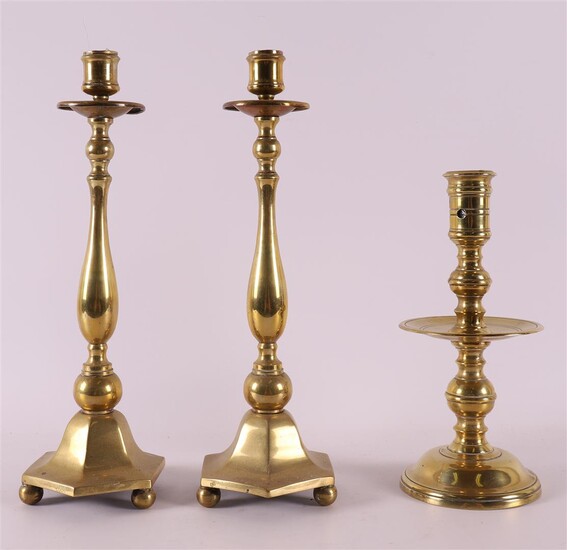 (-), A pair of brass single-light candlesticks, 19th...