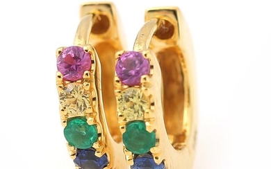 A pair of ear pendants each set with a circular-cut tsavoerite, sapphire,...