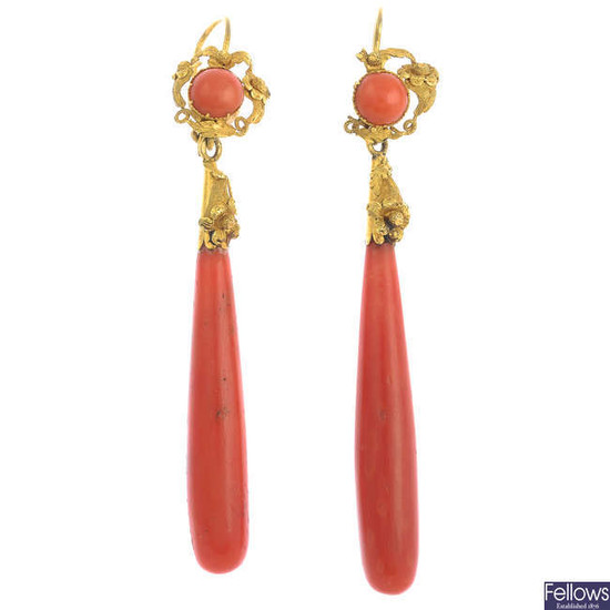 A pair of early to mid 19th century gold coral drop earrings.