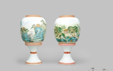 A pair of famille-rose painted lamp shades on stands