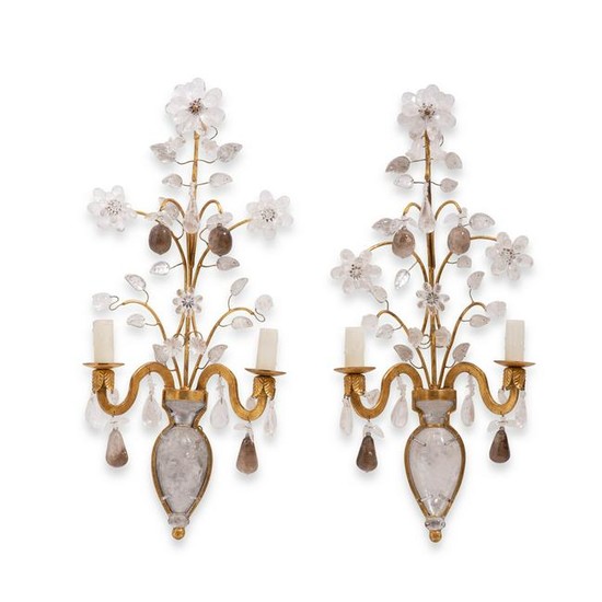 A pair of gilt metal, rock crystal wall sconces