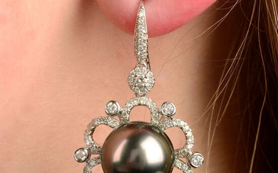 A pair of grey cultured pearl and diamond floral drop earrings.