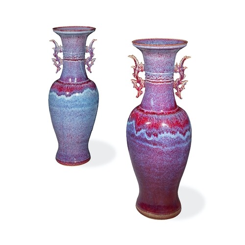 A pair of large Chinese floor standing purple flambé vases W...