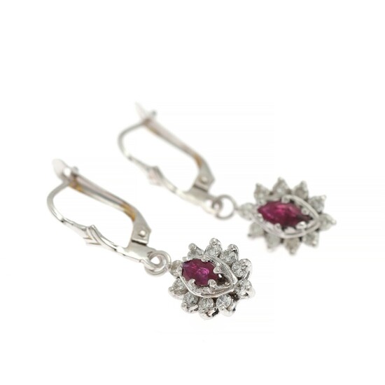 A pair of ruby and diamond ear pendants each set with a marquise-cut ruby encircled by numerous brilliant-cut diamonds, mounted in 14k white gold. (2)