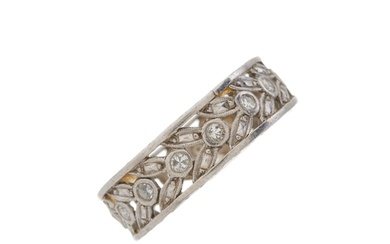 A platinum single-cut diamond foliate openwork band ring, es...