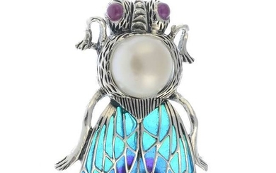 A plique-a-jour insect brooch, with ruby and cultured pearl detail.