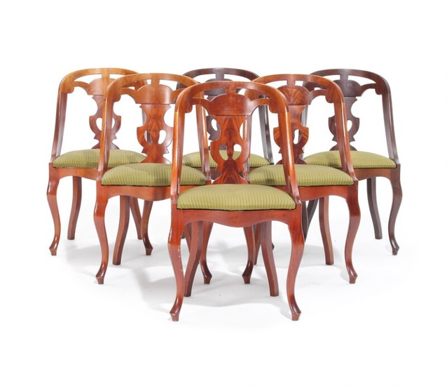 A set of six 20th century Biedermeier style mahogany chairs with curved backs and cabriole legs. (6)