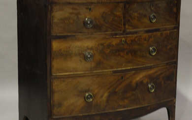 A small George IV mahogany bowfront chest of oak-lined drawers, on splayed feet, height 87cm, width
