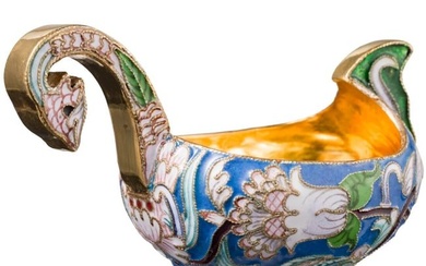 A small Russian silver-gilt and cloisonné-enamelled kovsh, modern