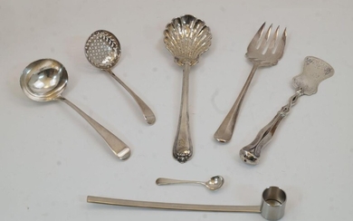 A small group of silver sifting and serving implements, comprising: a George III silver sugar sifting spoon, London, 1815, Solomon Hougham, 14.8cm long; a silver sauce ladle, London, 1808, Solomon Hougham; a silver serving fork, London, 1977, CJ...