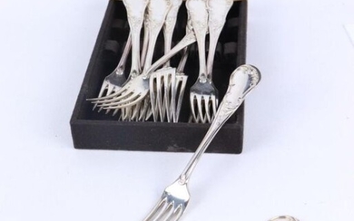 A suite of twelve silver forks, model with rocaille rinceaux, the handle engraved with a winged greenhouse under a marquis's crown.