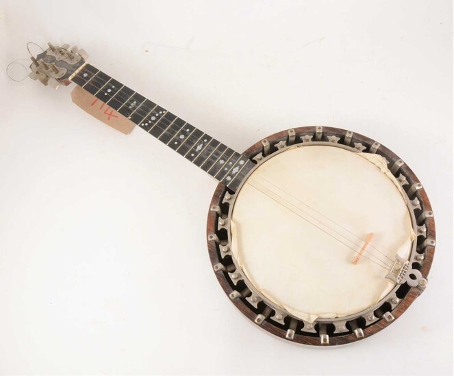 A 5 string Piccolo Zither banjo, seventeen frets, mother-of-pearl inlay to neck, 17cm full length.