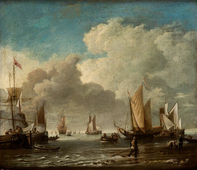 ABRAHAM STORCK (1635 / 1710), Marina con barcos y pescadores