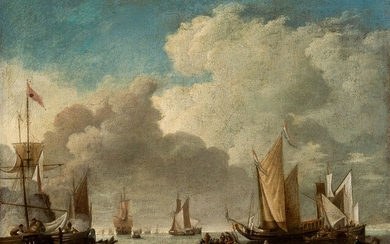 ABRAHAM STORCK (1635 / 1710) "Marina with boats and fishermen"