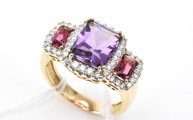 AN AMETHYST, TOURMALINE AND DIAMOND DRESS RING IN 18CT GOLD