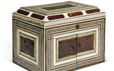 AN INDO-PORTUGUESE IVORY, GREEN-STAINED IVORY AND TORTOISESHELL-INLAID INDIAN ROSEWOOD TABLE...