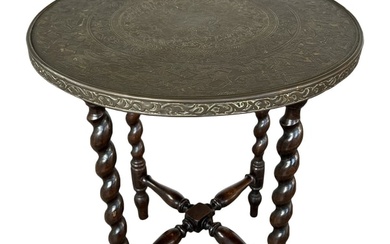 ANTIQUE CARVED LEG SIDE TABLE W/ BRASS TOP