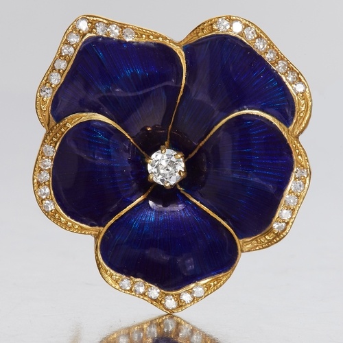 ANTIQUE ENAMEL AND DIAMOND FLORAL BROOCH, Designed as a flow...