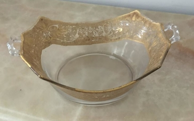 ANTIQUE GLASS HANDLED SERVING BOWL FANCY GOLD TRIM