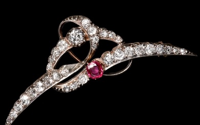 ANTIQUE RUBY AND DIAMOND CRESCENT BROOCH. High carat gold a...