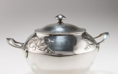 ARCHIBALD KNOX (1864-1933), A RARE LIBERTY & CO TUDRIC PEWTER TWO-HANDLED BISCUIT BARREL