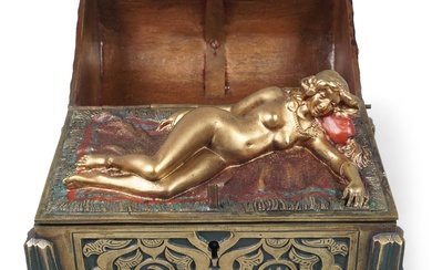 AUSTRIAN COLD PAINTED BRONZE DOUBLE ACTION MYSTERY BOX WITH RECLINING NUDE WOMAN, CIRCA 1900