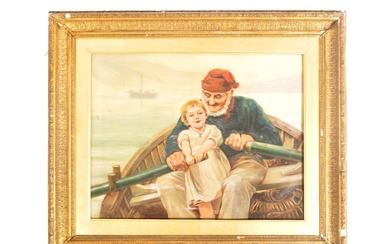 After Emile Renouf - The Helping Hand (Un Coup De Main) - a good 19th century Victorian oil on canvas painting after the famous picture by Renouf. Depicting an old sailor gentleman alongside a child who is helping to row the boat. Unsigned. Framed in...