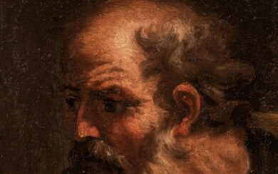 After Jacob Jordaens (1593-1678), the head of a bearded man, possibly an apostle, 17thC, oil on canvas, 20 x 27 cm