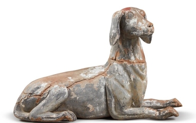 American White and Black-Painted Carved Wooden Reclined Dog, Late 19th or Early 20th Century