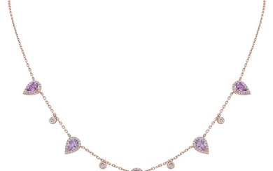 Amethyst And Diamond Teardrop Halo And Round Bezel Station Necklace In 14k Rose Gold (6x4mm) 16-18