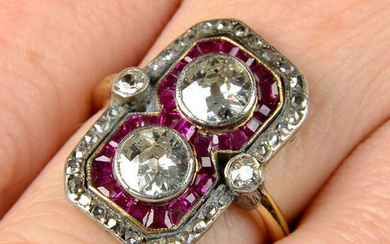 An Art Deco silver and 18ct gold, diamond and synthetic ruby ring.
