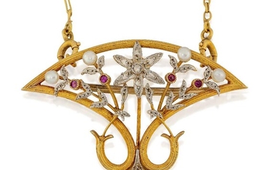 An Art Nouveau French made gold brooch/pendant, of openwork triangular 'whiplash' design set with ruby and and pearl flower head decoration to a rose-cut diamond centre and drop, to fine gold neck chain, c. 1900, Tunisian hallmarks, width of brooch...