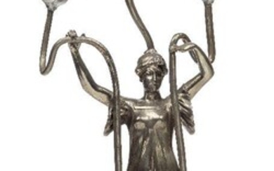 An Art Nouveau metal three branch figural candelabrum, c.1900, Modelled and cast as a young woman supporting three tall stems terminating with sconces, raised on an integral triangular base, 46 cm high
