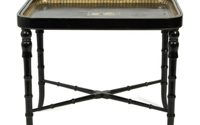 An English Painted Wood Tray Table on Faux Bamboo Stand