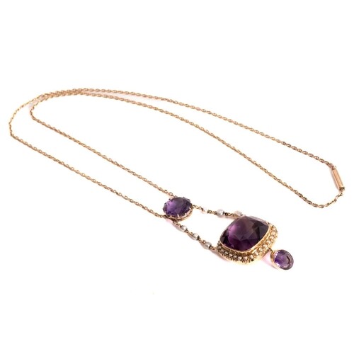 An amethyst and seed pearl lavalier necklace, featuring a la...