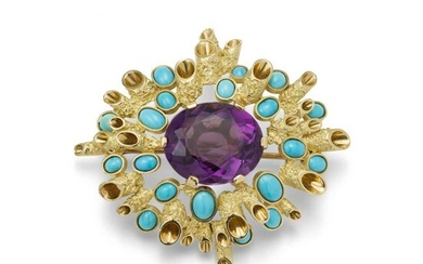 An amethyst and turquoise brooch, by John Donald, 1965