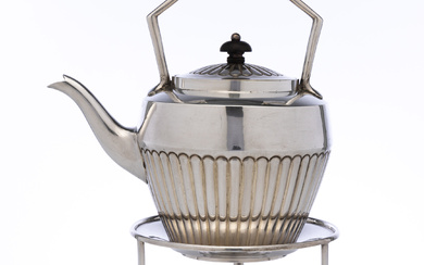 An antique silverplate half fluted tea kettle on stand with...