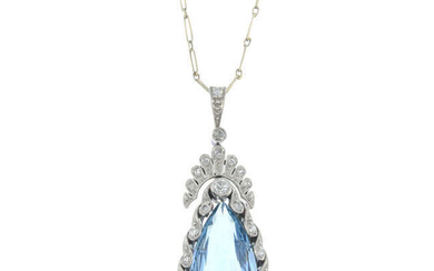 An early 20th century aquamarine and vari-cut diamond drop pendant, with chain.