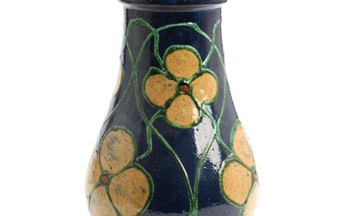 SOLD. Karl Hansen Reistrup: An earthenware vase decorated with flowers, blue, green and sandcoloured glaze. H. 34. Diam. 20 cm. – Bruun Rasmussen Auctioneers of Fine Art