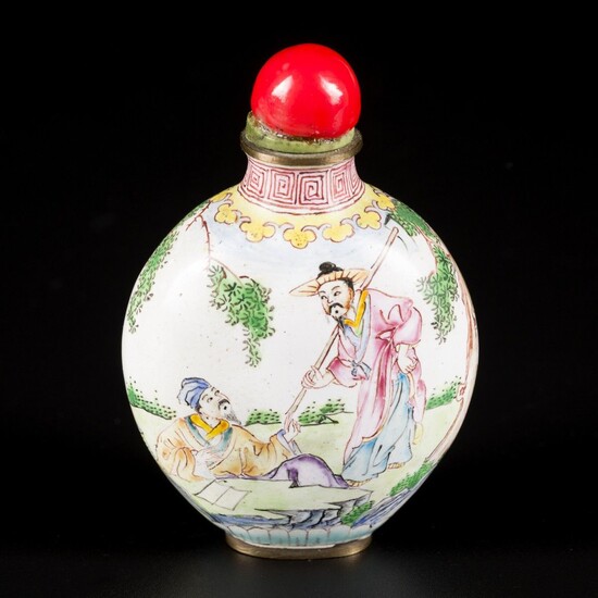 An enamel snuff bottle decorated with figures in a landscape, China, 1st half 20th century....