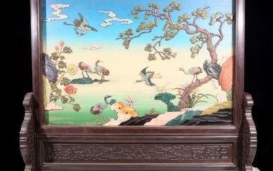 An exquisite zitanwood lacquered, gold-embedded, flower-and-bird pattern table screen