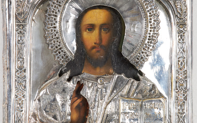 An icon, Russia, late 19th century, Christ Pantocrator, tempera and oil, riza in white metal.