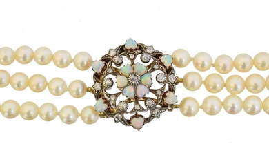 An opal, diamond and cultured pearl choker necklace