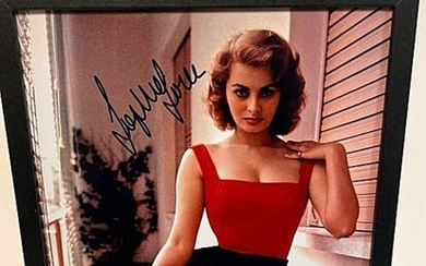 An original signed colour photograph of the Italian actress Sophia Loren. Frame size 27×22 cm.