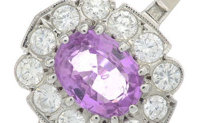 An oval-shape pink sapphire and brilliant-cut diamond cluster ring.
