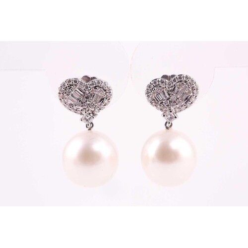 An pair of Southsea pearl and diamond earrings, the heart sh...