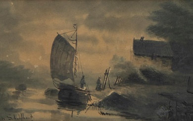 Andreas SCHELFHOUT (1787-1870), watercolour, Animated landscape with boat, signed