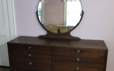 Antique Art Deco 8 Drawer Dresser w Round Mirror