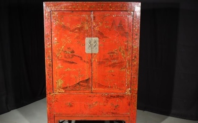Antique Chinese Qing Dynasty Shanxi red lacquer cabinet with painted gilt landscape decoration. 63"