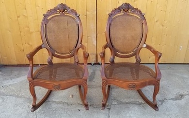 Antique French Louis XV Style Heavily Carved Mahogany Cane Rocking Chairs - Pair